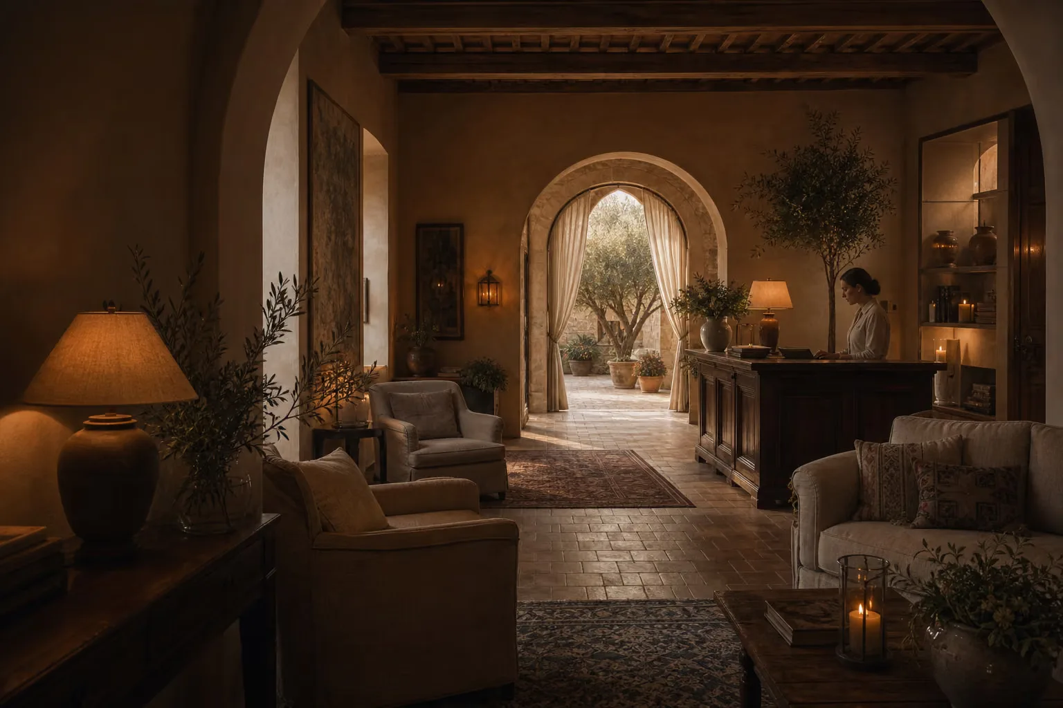 A warm, quietly elegant boutique hotel reception