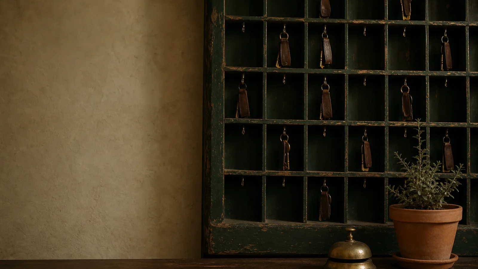 A traditional key rack behind a small hotel reception at dusk, brass room keys hanging from some hooks and others left empty