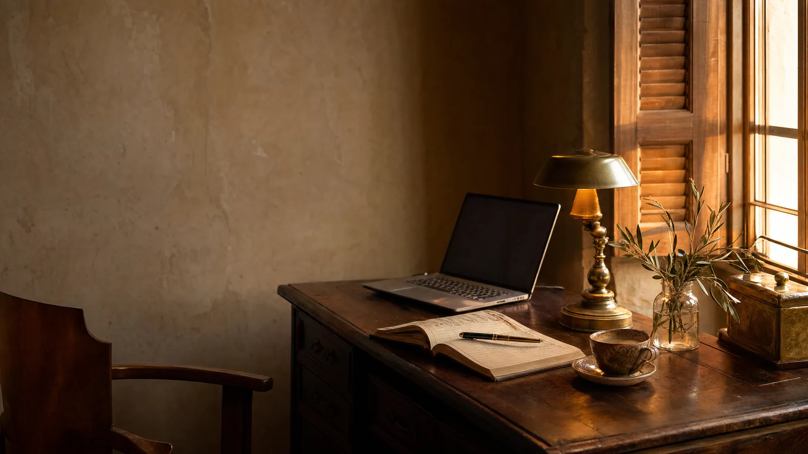 The private working desk of an owner-run boutique hotel at dawn, with an open reservations ledger, a laptop and a brass lamp