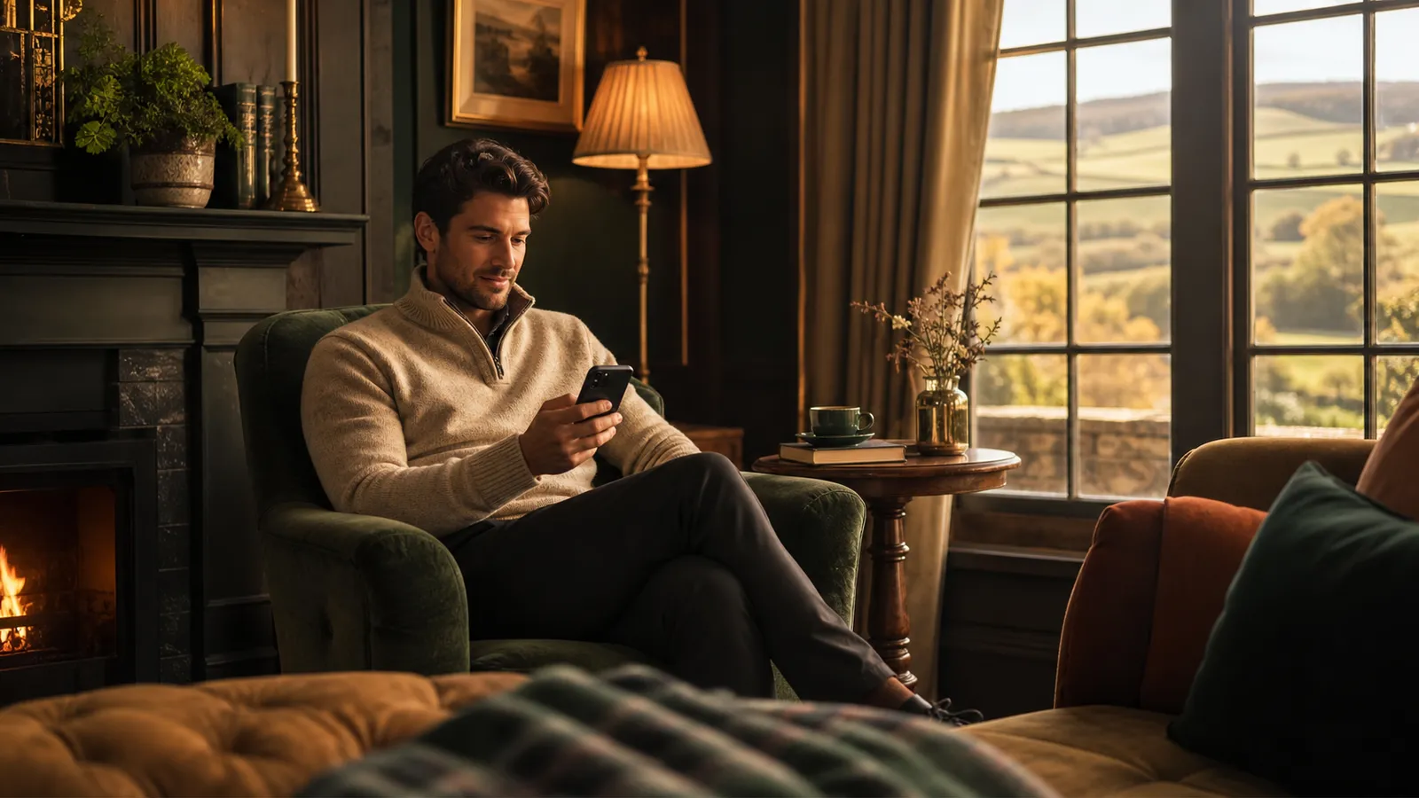 A traveller in a softly lit boutique hotel room at golden hour, glancing at a smartphone
