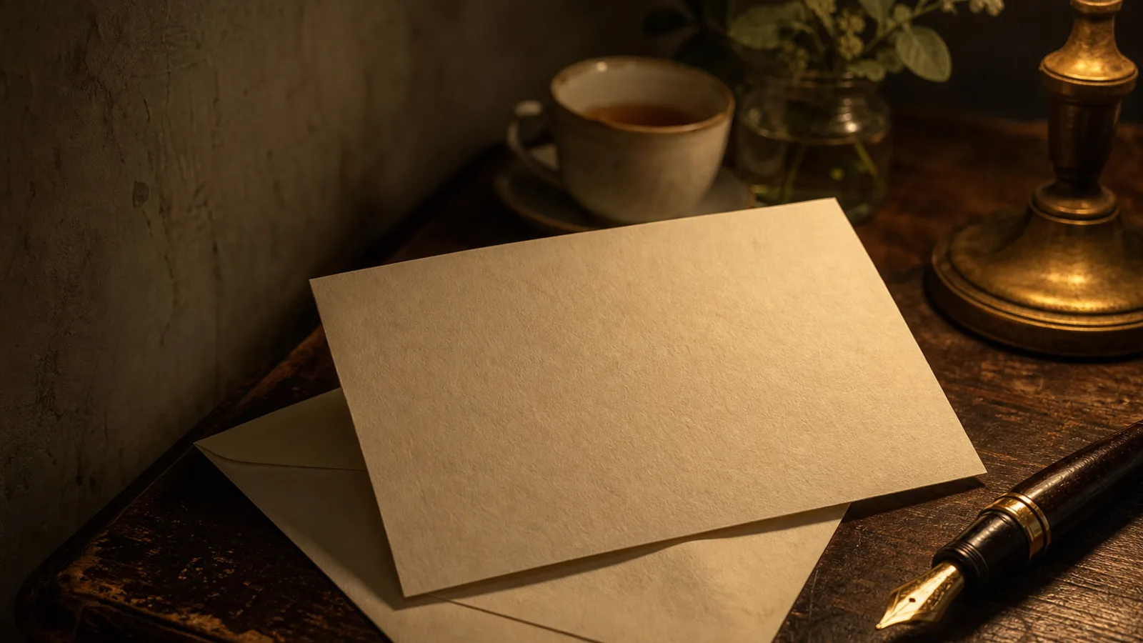 A blank cream correspondence card propped against its envelope on a dark writing desk, a fountain pen beside it under warm brass lamplight