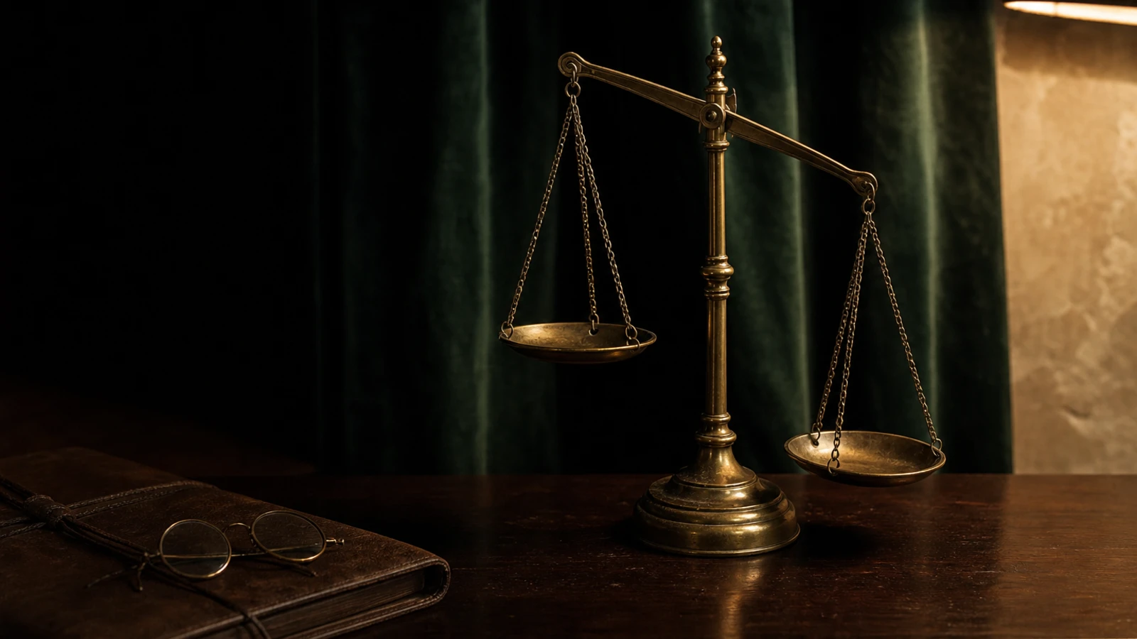 An antique brass balance scale tilted out of level on a dark mahogany desk, a closed leather journal and reading glasses beside it in warm lamplight