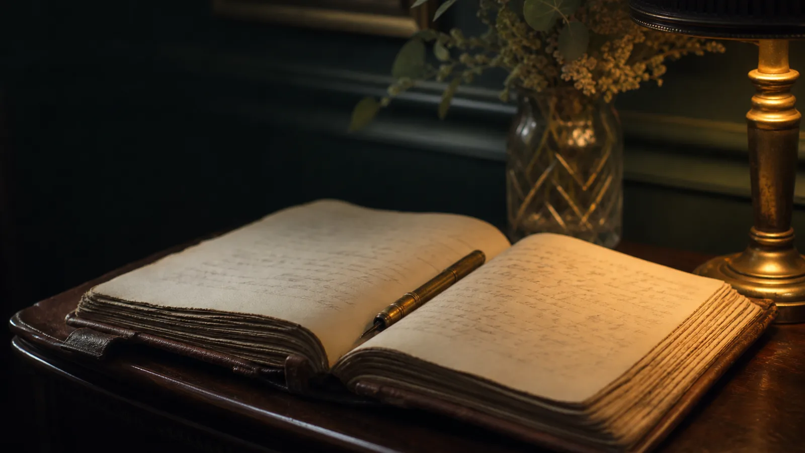 An open leather-bound guest book on a dark wooden hall table, a brass pen resting across its cream pages in warm lamplight