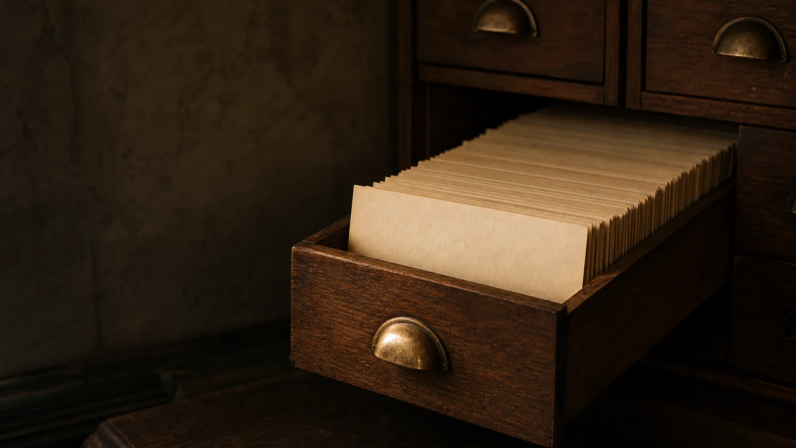 A half-open wooden card-index drawer of neatly filed blank cream record cards, a worn brass drawer pull catching warm lamplight
